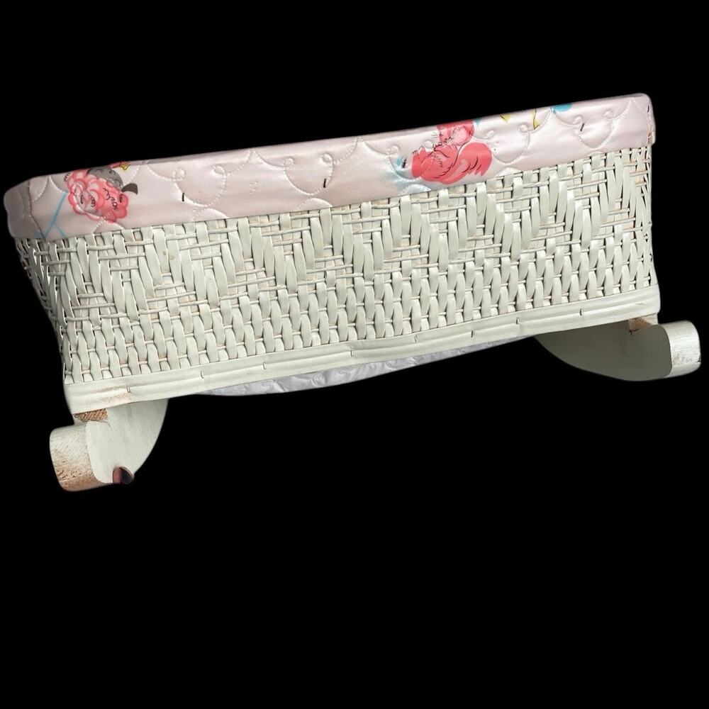 Wicker Doll Rocking Cradle Pink Quilted Vinyl Liner Wood Vtg 1970's Toy READ